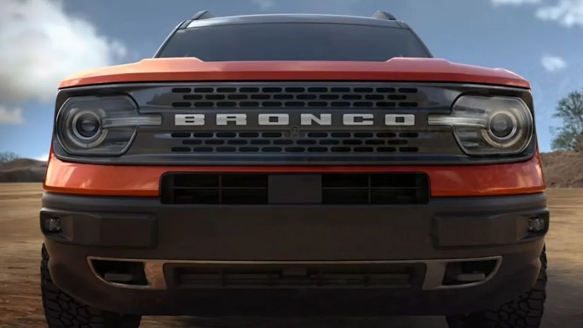 The front view of 2022 Ford Bronco Sport SUV with a badge showing "Bronco" on the grill.