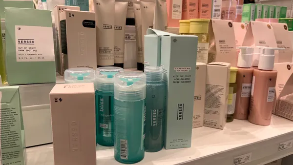 A range of colored bottles and boxes from skin care brand Versed for sale at Target.