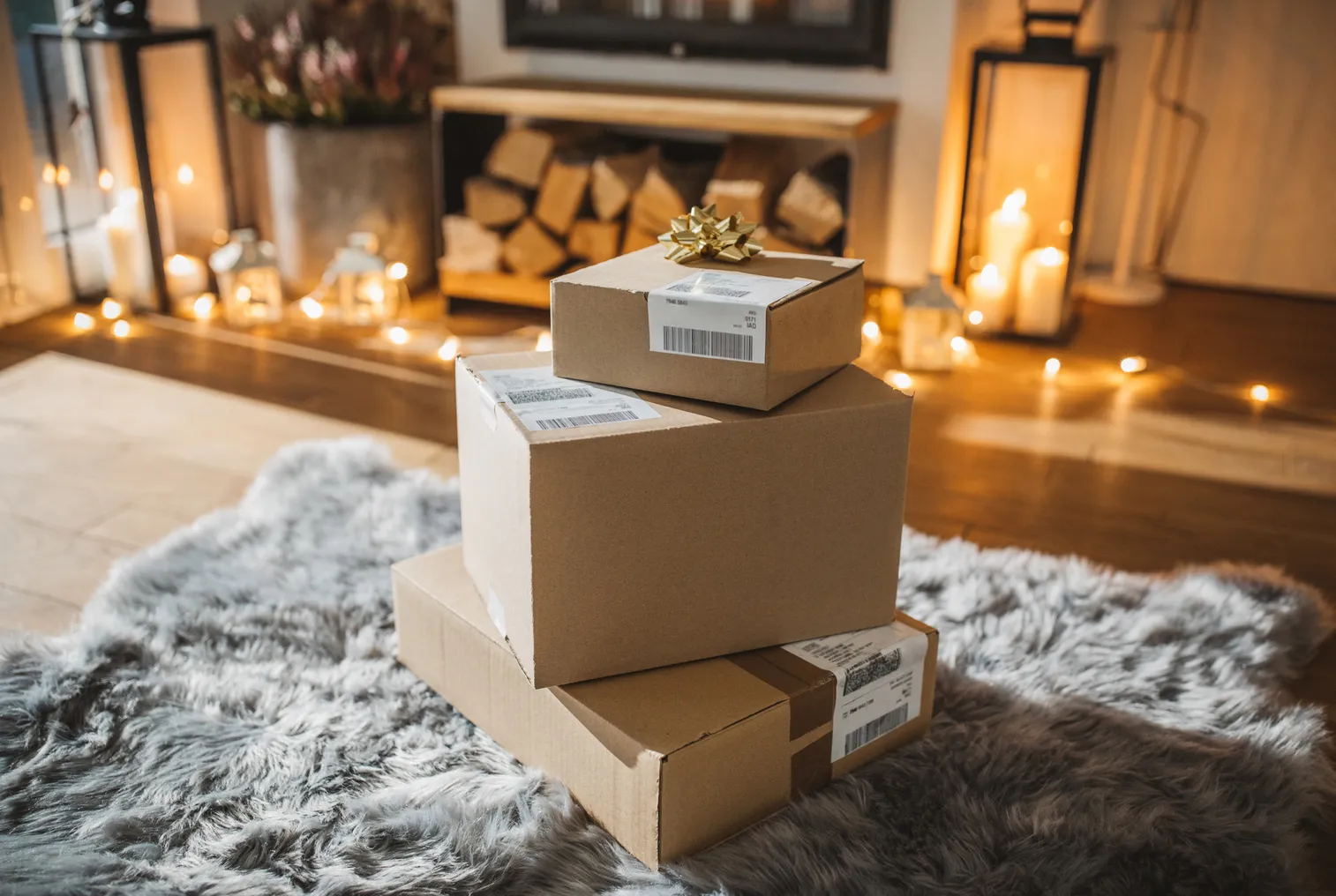 Three boxes stacked with a bow on top in a holiday scene.