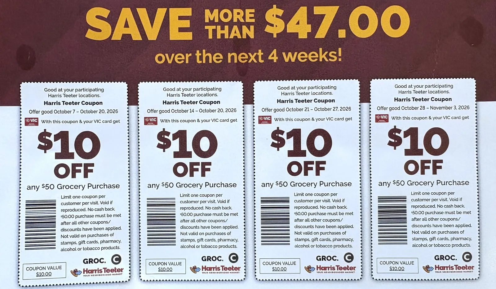 A Harris Teeter mailer with coupons good for $10 off a $50 purchase.