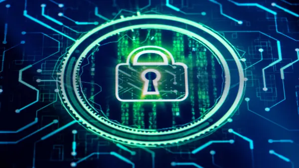 A white-outlined padlock on top of green and blue abstract code, network nodes and connections.