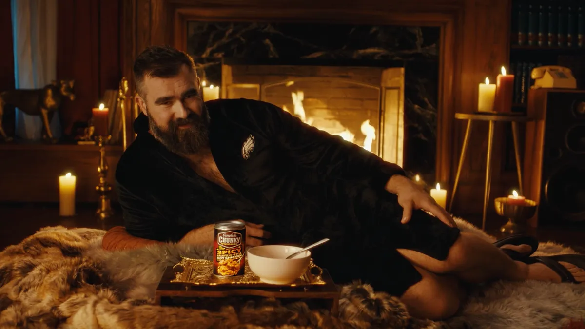 Jason Kelce on a bearskin run for a Campbell's Chunky Soup ad