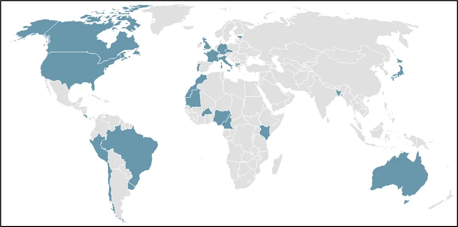 Map of countries with regulators participating in the Energy Innovation – Regulatory Energy Transition Accelerator hydrogen workshops.
