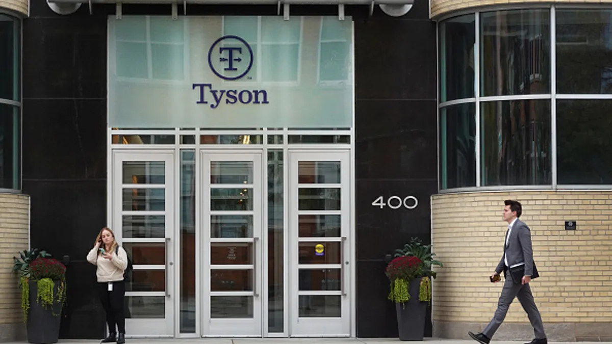 A sign hangs above the door at the Tyson Foods offices on October 06, 2022 in Chicago, Illinois.