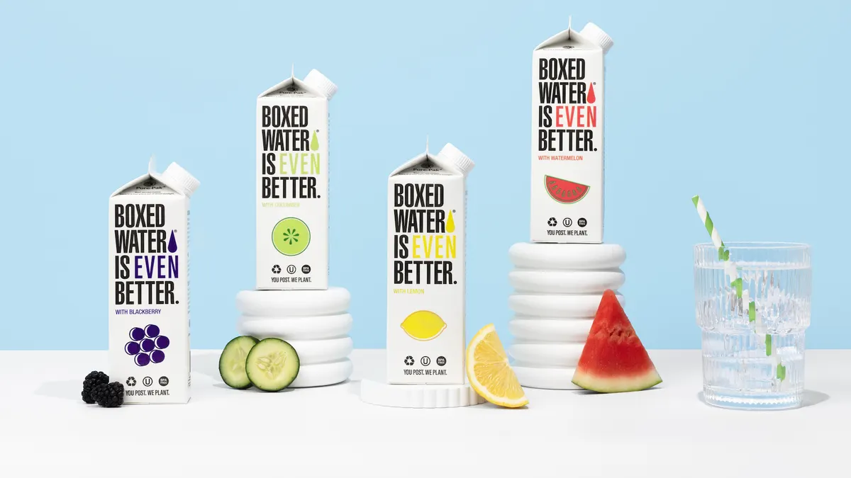 Image of containers of Boxed Water on display.