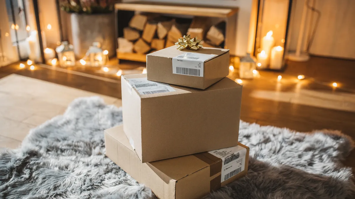 Three boxes stacked with a bow on top in a holiday scene.