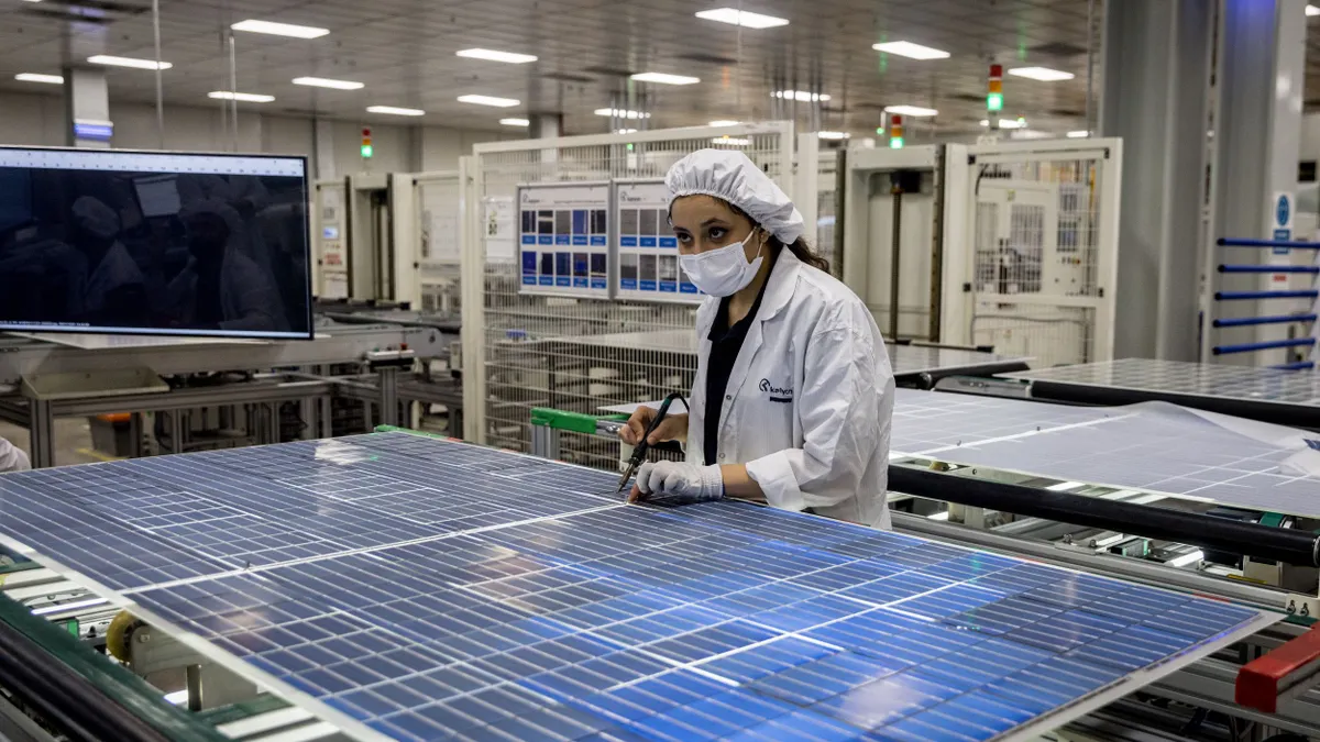 An employee works at a ingot-to-module solar factory