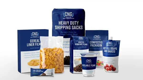 A variety of film packaging with Charter Next Generation branding on the outside.