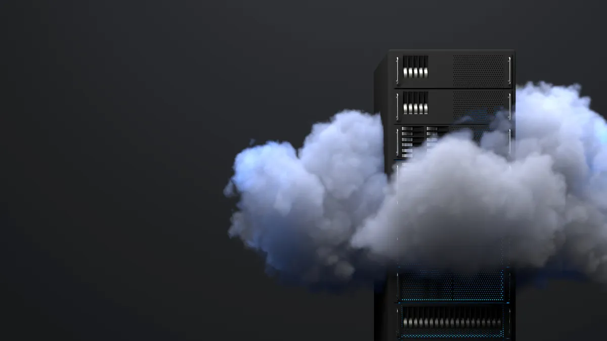 Data center server engulfed in clouds.