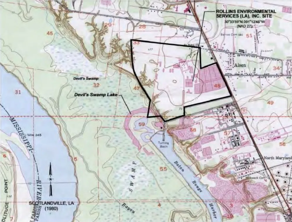 A color-coded aerial facility map attributed to Rollins Environmental Services depicts the location of its industrial facility near the Mississippi River.