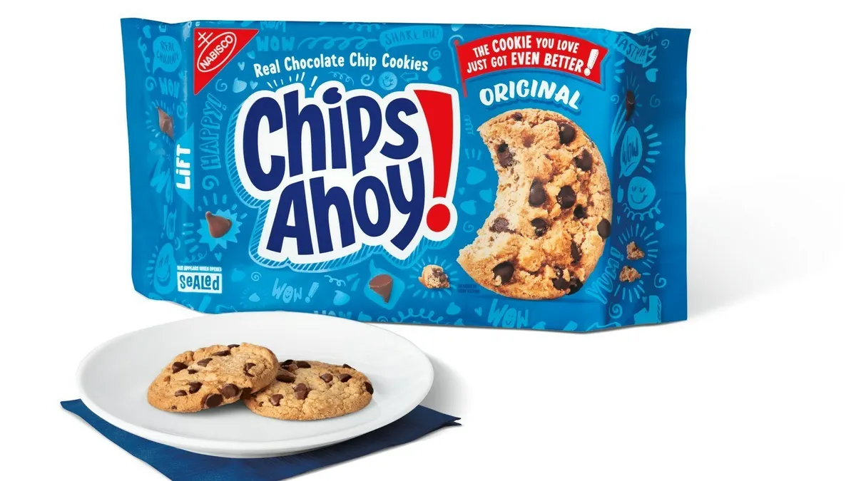 Chips Ahoy packaging against a white backaground.