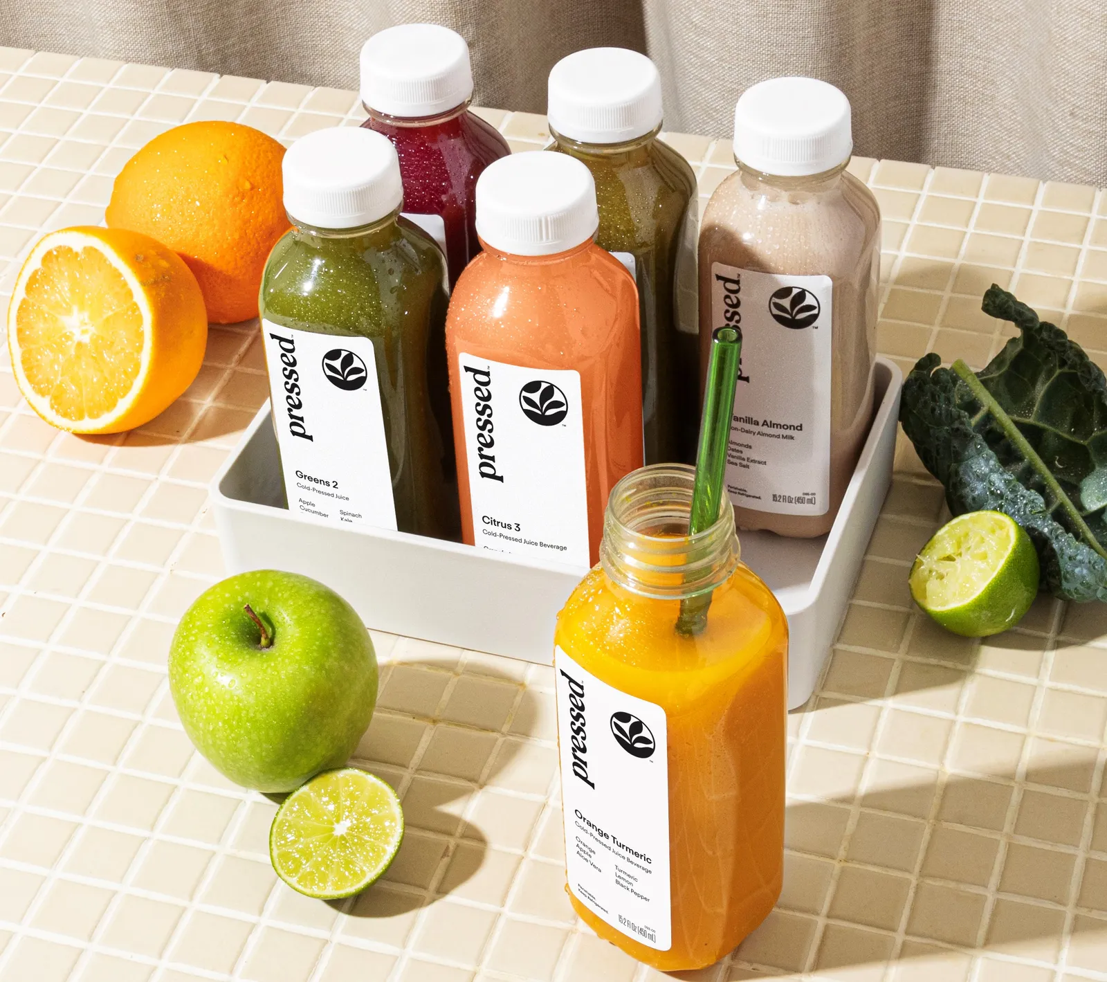 An image of cold-press juices from Pressed Juicery