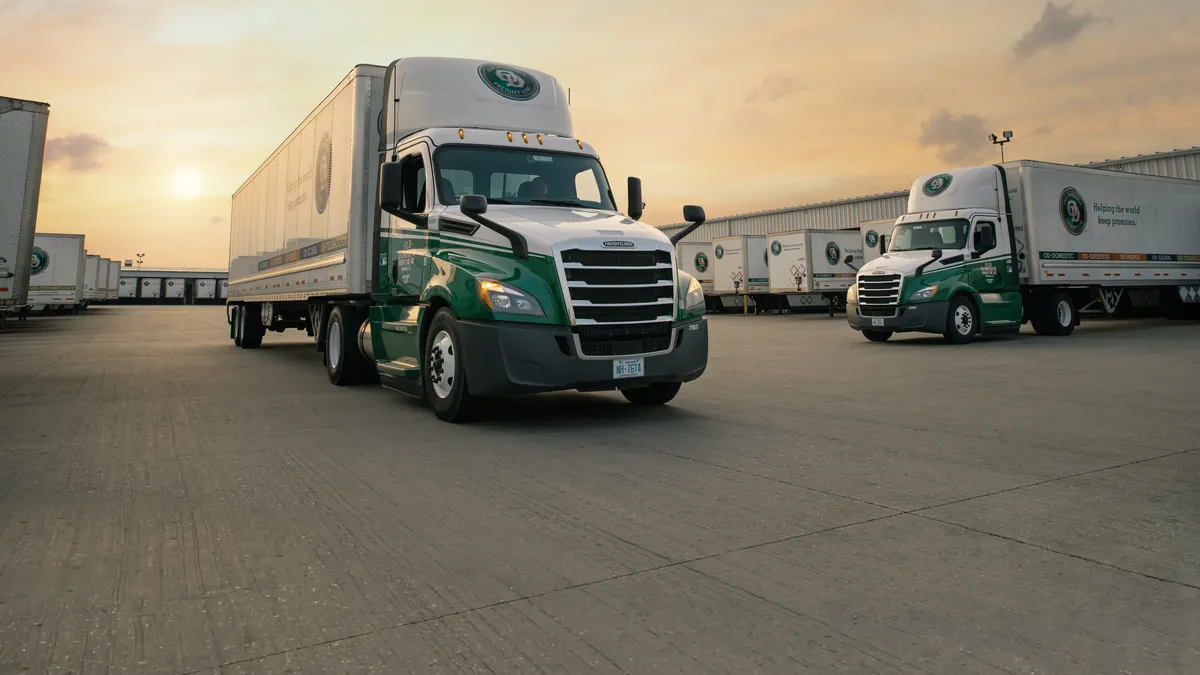 Old Dominion Freight Line trucks in a terminal parking lot.