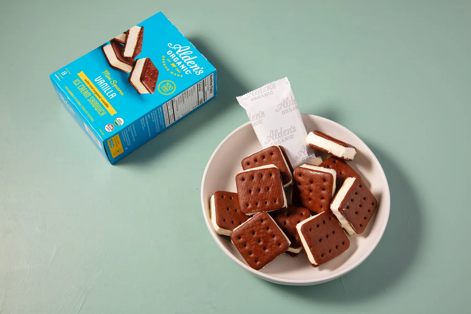 A bowl with ice cream sandwiches next to the product box.