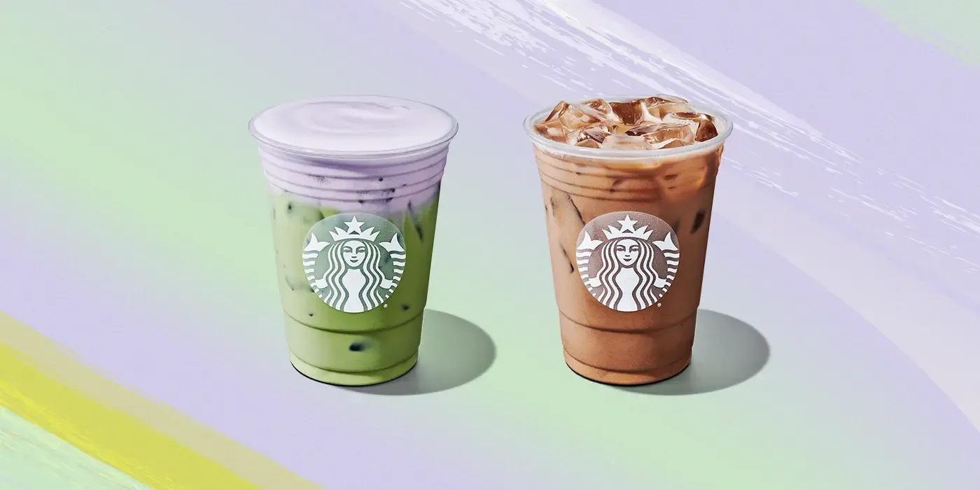 Starbucks&#x27; new Iced Lavender Cream Oatmilk Matcha and Iced Lavender Oatmilk Latte.