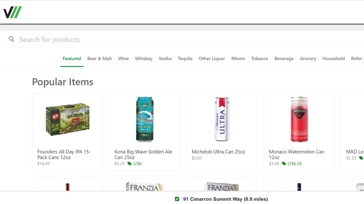 A screenshot of a Vroom Delivery menu. There is a category header that says "popular items" that has entries for a number of alcoholic beverages.