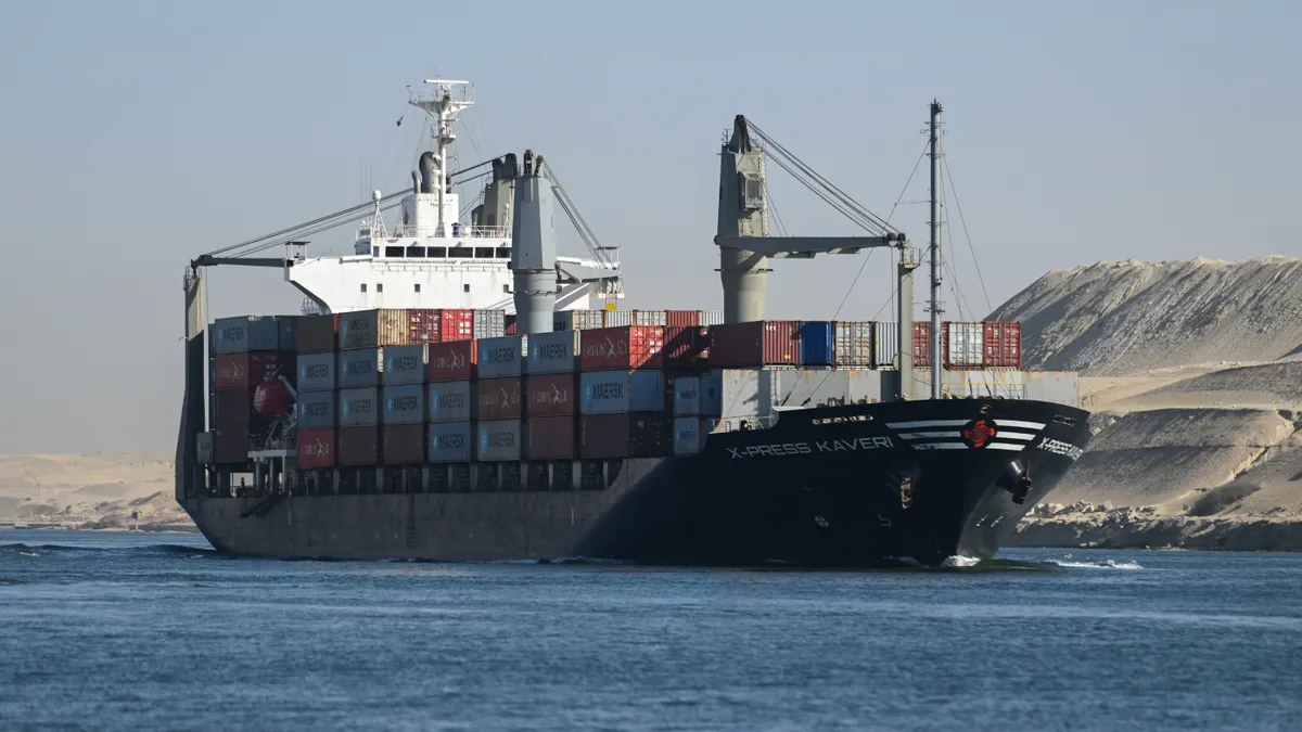 A ship transits the Suez Canal towards the Red Sea on January 10, 2024 in Ismailia, Egypt.