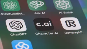 Seven different icons for different artificial intelligence apps display side by side on a phone screen.