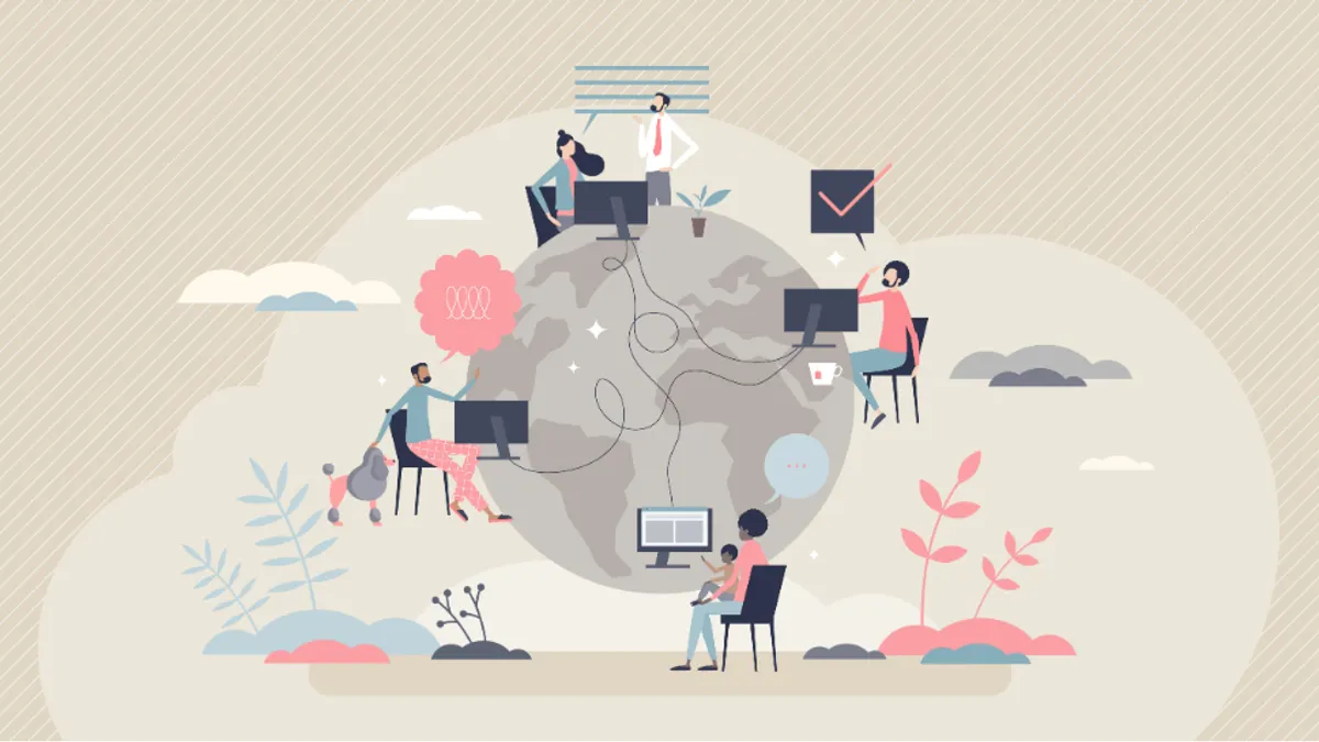 A graphic designed cartoon image of a group of people working at different desktop setups around the globe representing remote work.