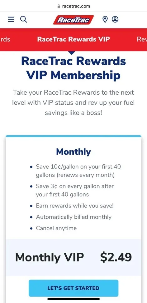 Screenshot of RaceTrac subscription program