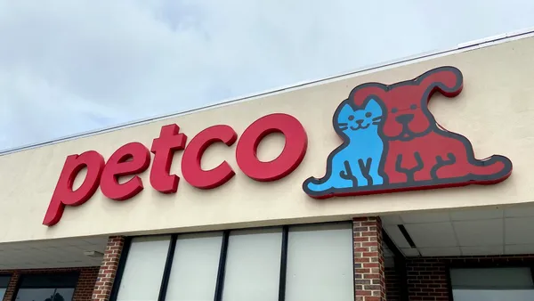 A red "Petco" sign adorned with a blue cat and red dog.