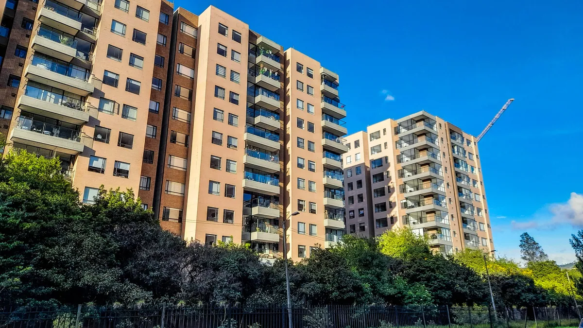 Brown residential buildings with blue sky