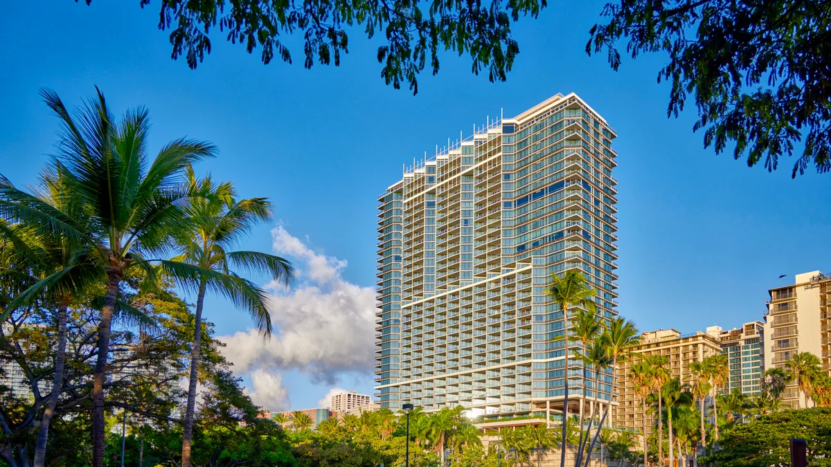 The exterior of Trump International Hotel, Waikiki, which will soon be rebranded as Wākea Waikiki Beach by Hilton's LXR brand.