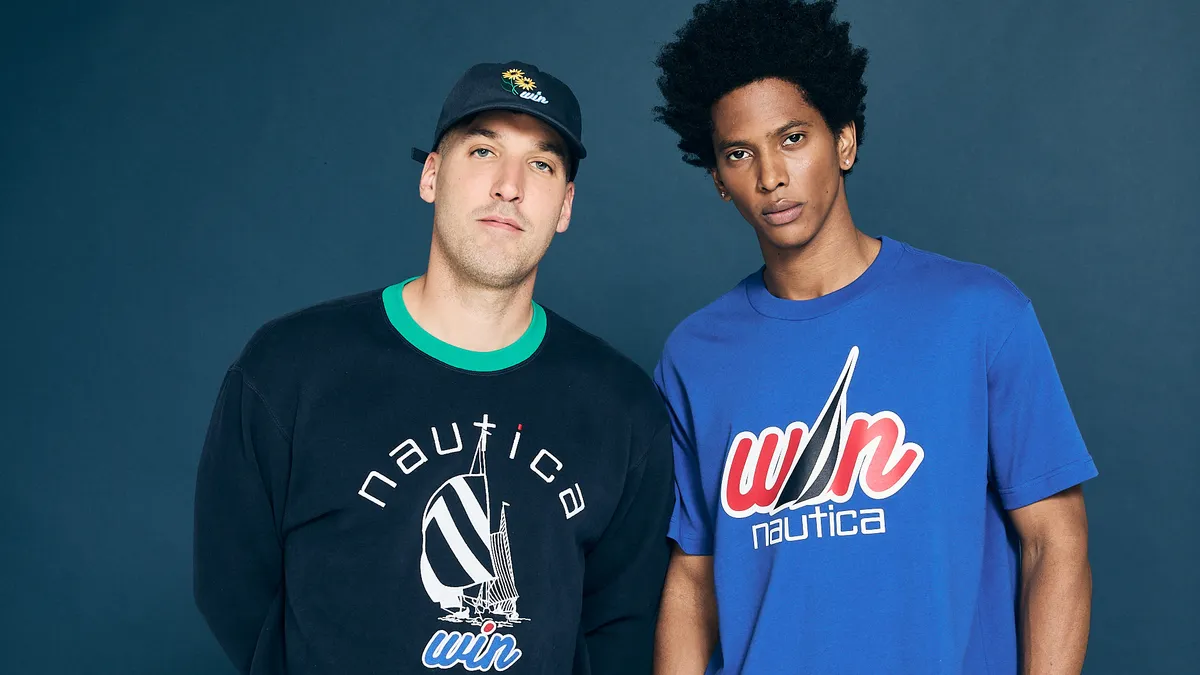 Two men stand next to each other wearing colorful, casual athletic clothing