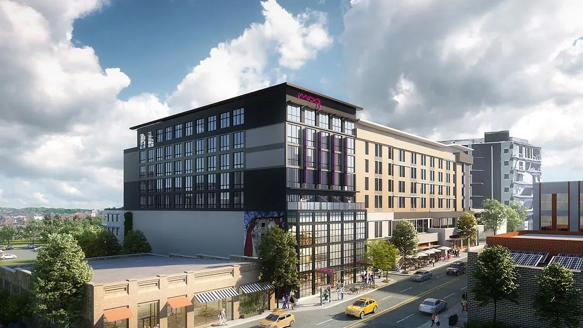 A rendering of the exterior of Moxy Asheville.