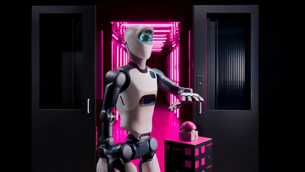 Agile Robots' humanoid robot Agile ONE poses its hand over a button as if it were to press it.