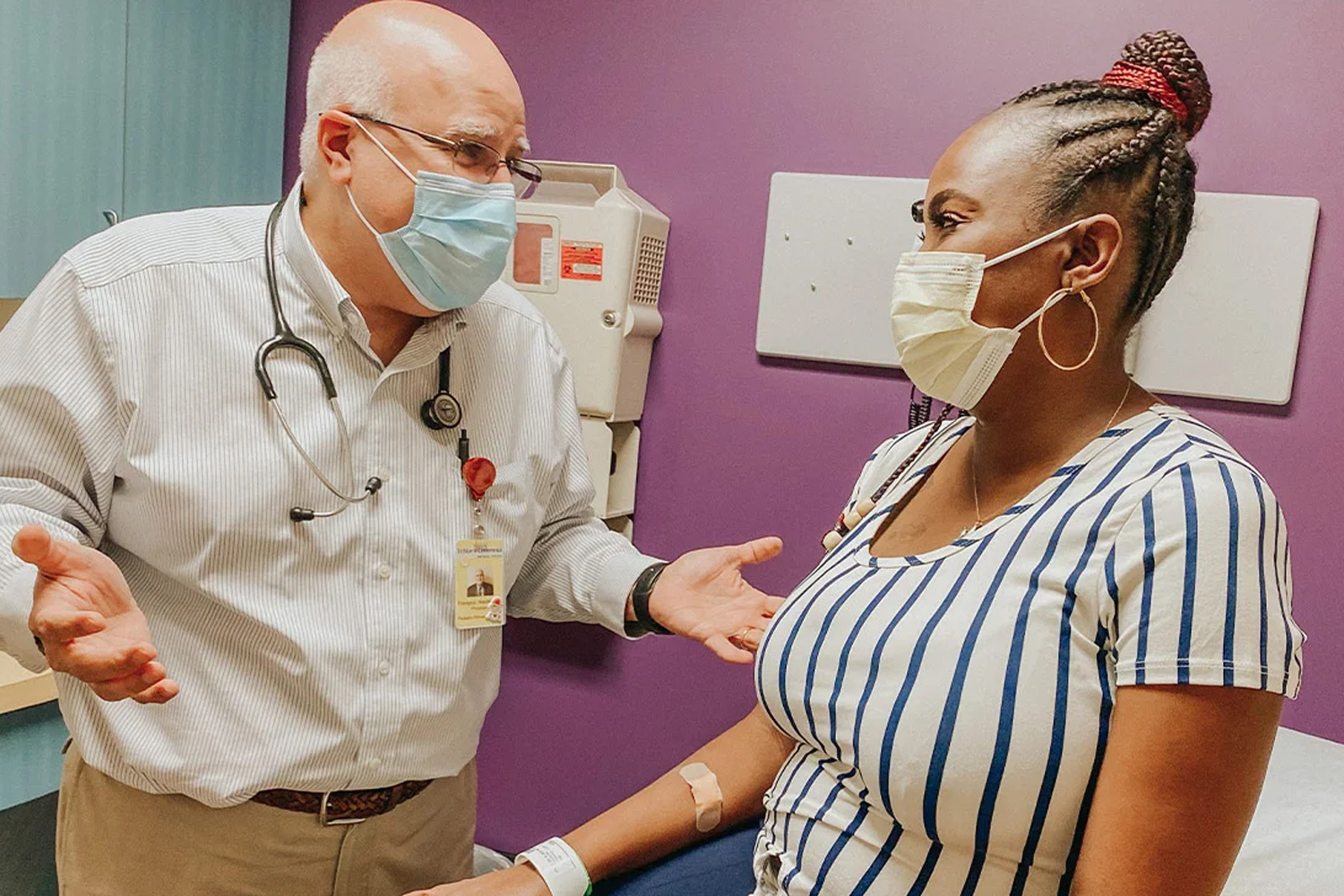 Victoria Gray, the first person with sickle cell disease to receive Casgevy, speaks with her physician, Haydar Frangoul.