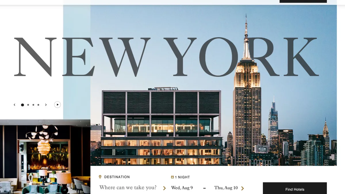 The website for the Ritz-Carlton's New York hotel features big text reading "New York" and immersive photography.