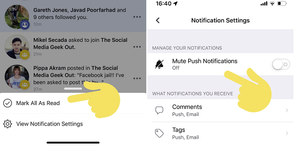 Facebook notification controls