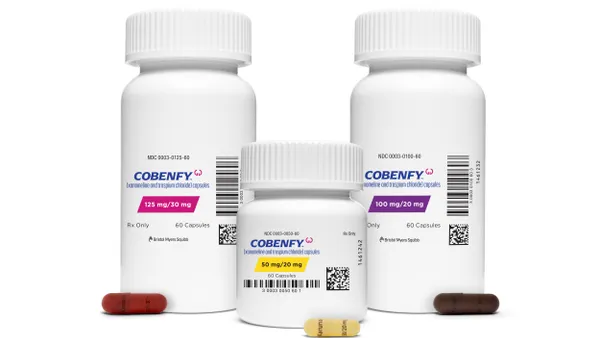 Bottles of Bristol Myers Squibb's Cobenfy, a new drug for schizophrenia, are arranged in this photo illustration.