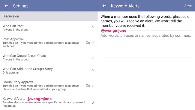 Facebook keyword alerts in groups