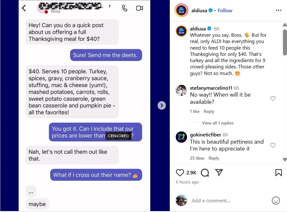 Screenshot of Aldi's Thanksgiving offering post on Instagram