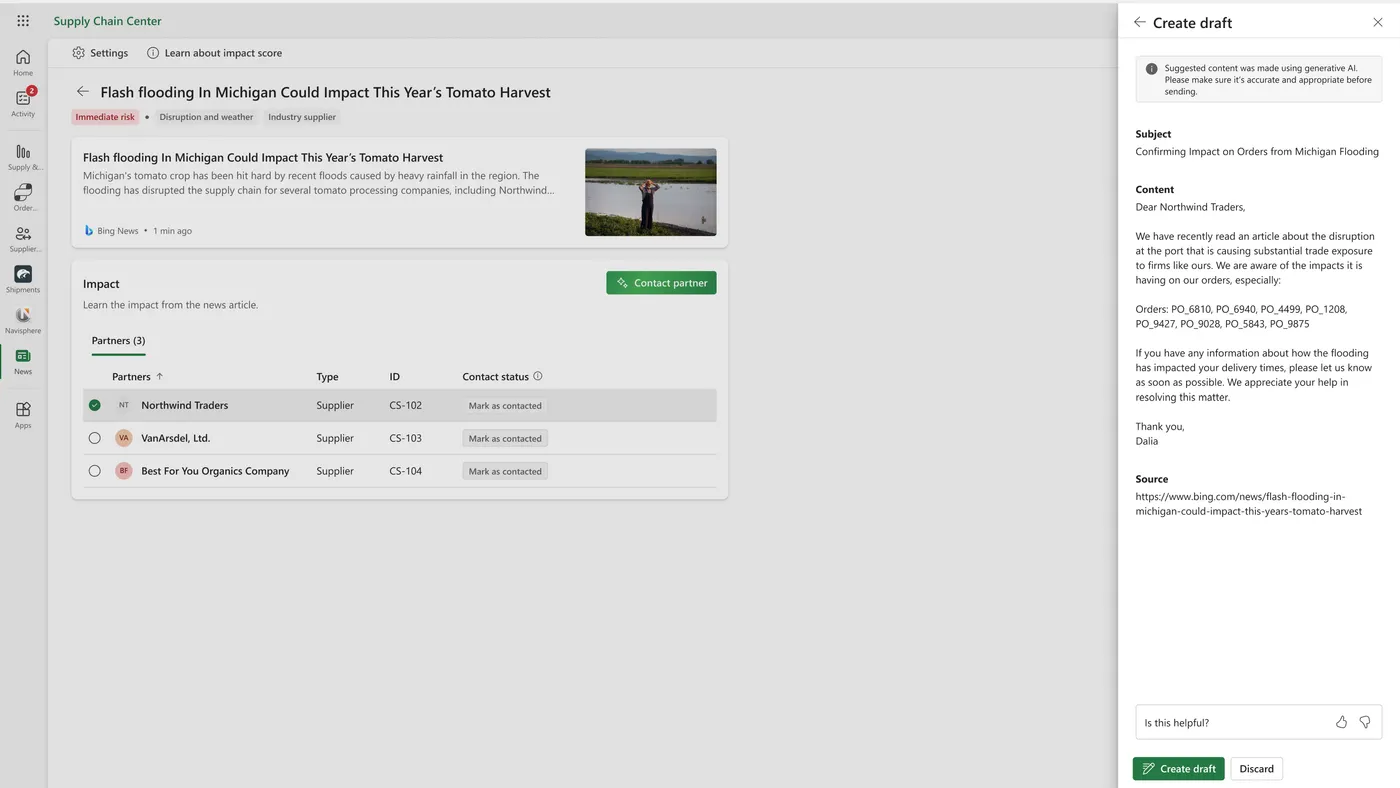 Microsoft Supply Chain Center dashboard with a risk alert, accompanied by the news of a flash flood in Michigan.