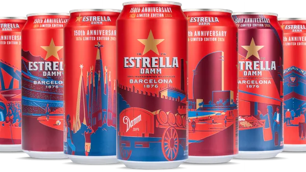 A lineup of Estrella Damm beer cans