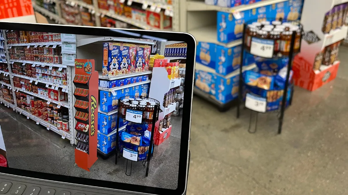 AI displaying Reeses stand inside grocery shop.