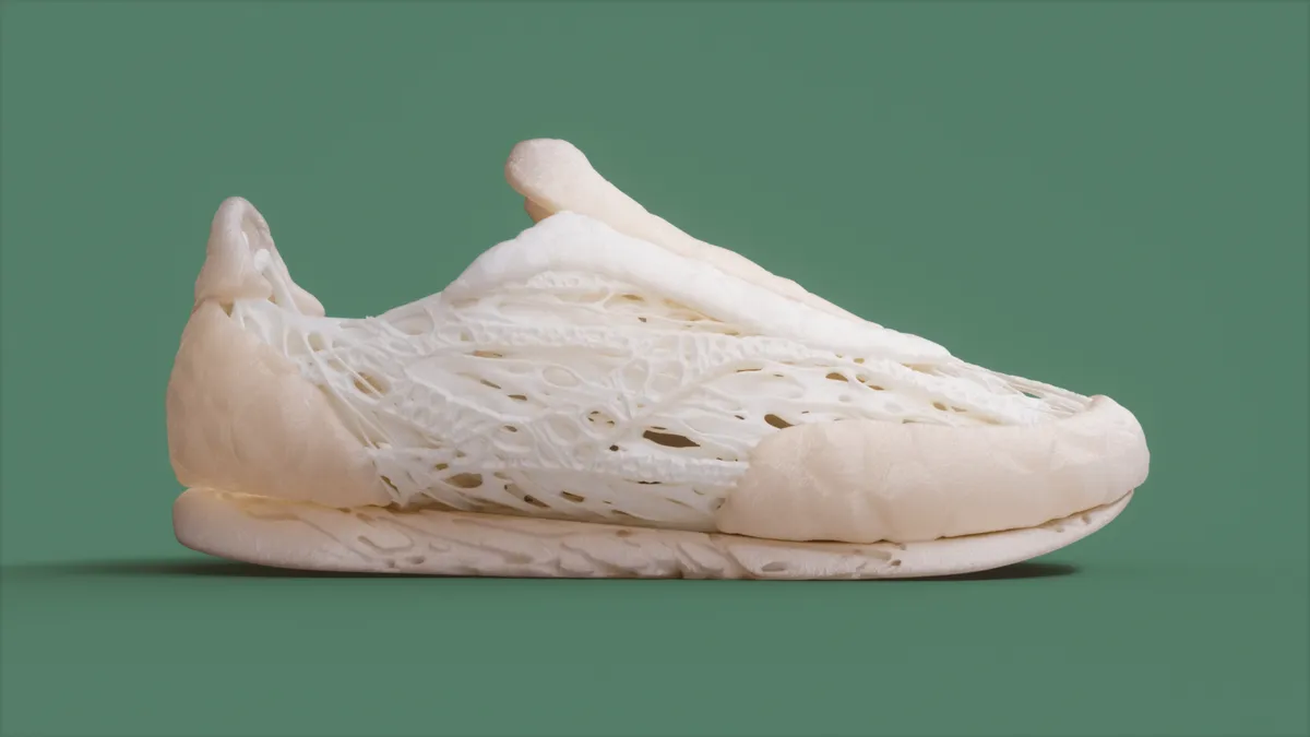 A white shoe concept made from mycelium