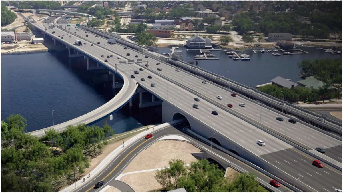 A vehicle bridge spanning a river