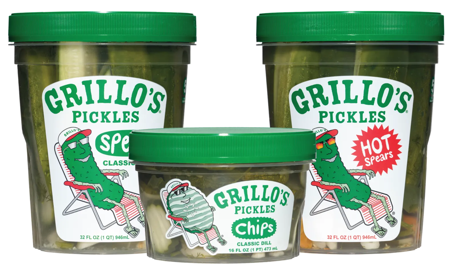 3 clear plastic jars of Grillo&#x27;s Pickles with green lids, two 32oz taller and one 16oz in the middle shorter