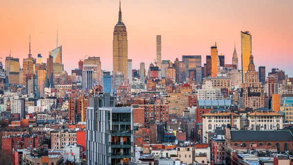 New York City, USA midtown Manhattan skyline at dusk.