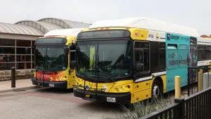 Two yellow and white transit buses side by side alongside a light rail station.