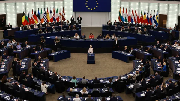 Ursula von der Leyen, head of the European Commission, delivers a speech in front of the European Parliament