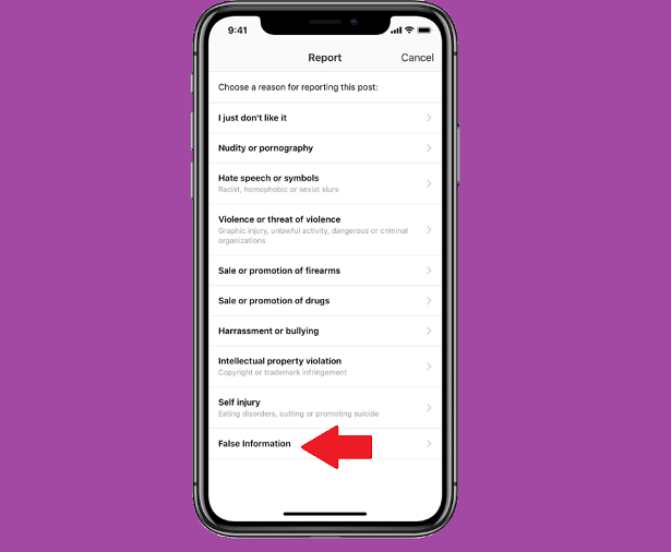 Instagram false information reporting option