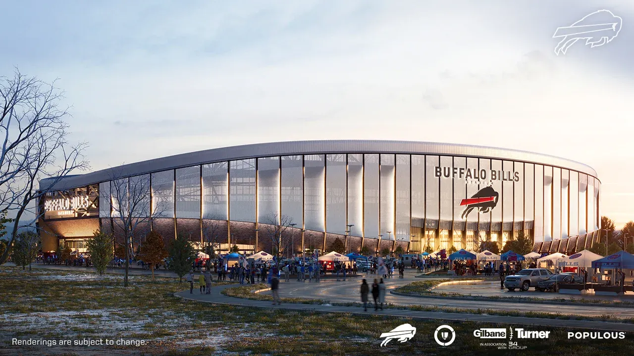 A rendering of a large stadium with a reflective exterior.