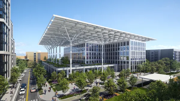 A rendering of a tall, glassy, angular building looms in the background on a busy street.