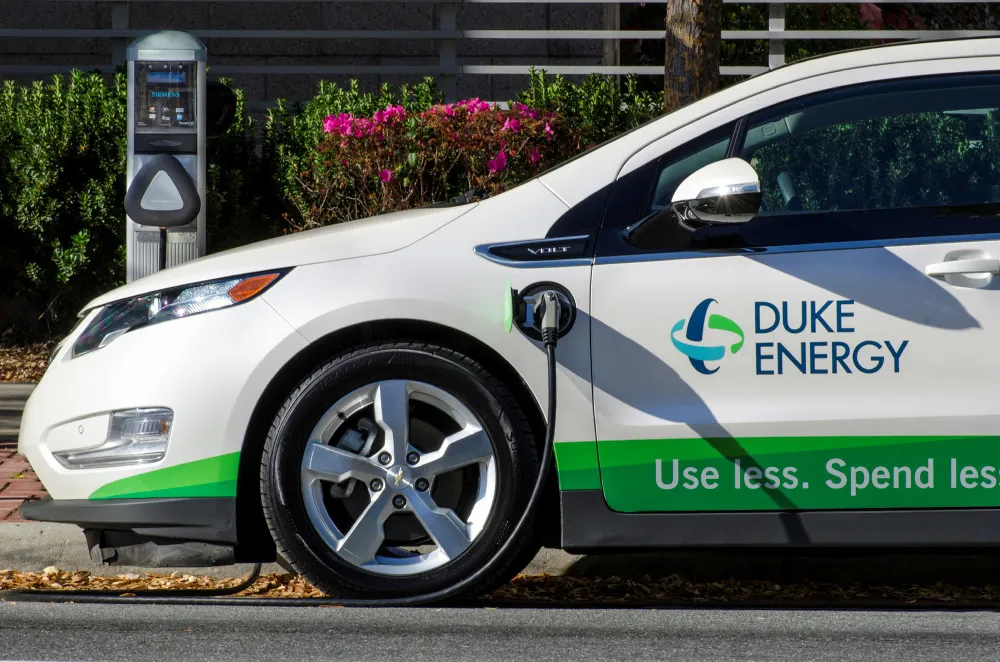 A Volt charges at a Duke Energy charging station.