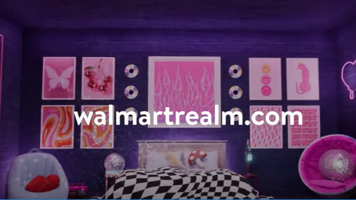 A screenshot of Walmart Realm's virtual dorm shop experience ad on YouTube.